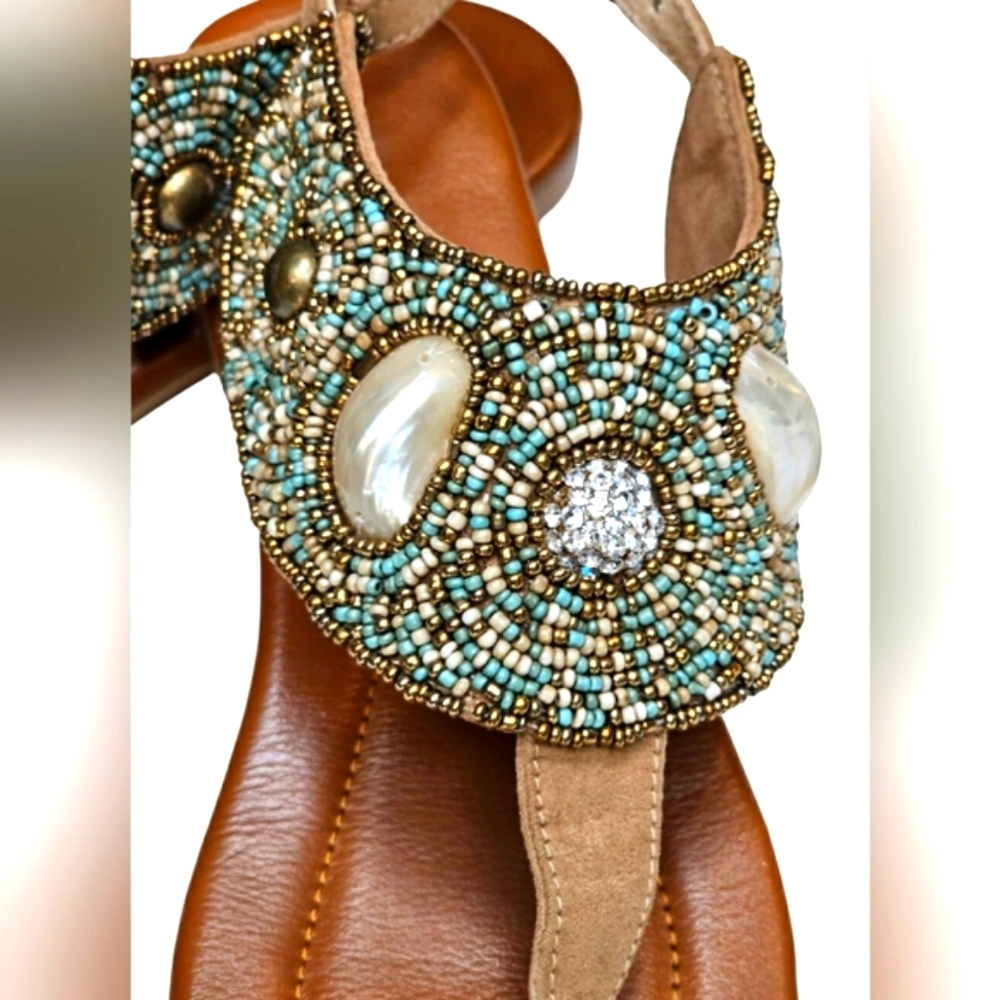 Skemo Luxury Bead Embroidered Tan Turquoise Ankle Strap Sandals Shell Details - Picture 8 of 13